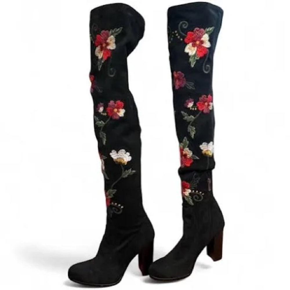 Sam Edelman Vena Floral Embroidered Stretch Suede Knee High Boots Sz 9 Nwot